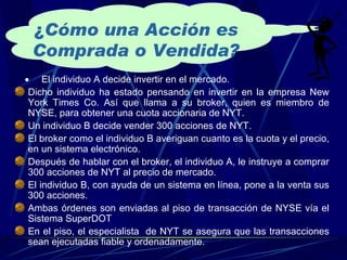 ¿ Cómo una Acción es Comprada o Vendida?     El individuo A decide invertir en el mercado.  Dicho individuo ha estado pensando en invertir en la empresa New York Times Co. Así que llama a su broker, quien es miembro de NYSE, para obtener una cuota accionaria de NYT.  Un individuo B decide vender 300 acciones de NYT.  El broker como el individuo B averiguan cuanto es la cuota y el precio, en un sistema electrónico.  Después de hablar con el broker, el individuo A, le instruye a comprar 300 acciones de NYT al precio de mercado.  El individuo B, con ayuda de un sistema en línea, pone a la venta sus 300 acciones.  Ambas órdenes son enviadas al piso de transacción de NYSE vía el Sistema SuperDOT En el piso, el especialista  de NYT se asegura que las transacciones sean ejecutadas fiable y ordenadamente.  