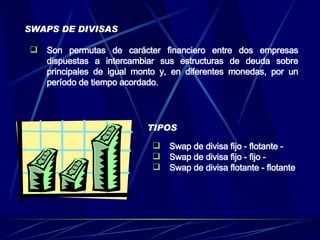 SWAPS DE DIVISAS S on permutas de carácter financiero entre dos empresas dispuestas a intercambiar sus estructuras de deuda sobre principales de igual monto y, en diferentes monedas, por un período de tiempo acordado. Swap de divisa fijo - flotante - Swap de divisa fijo - fijo - Swap de divisa flotante - flotante  TIPOS 