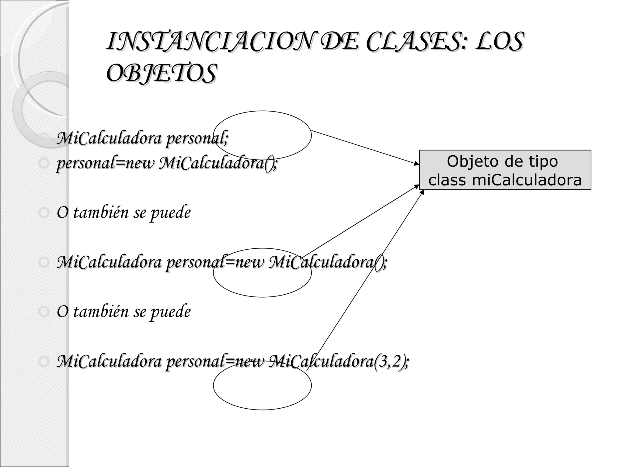 INSTANCIACION DE CLASES: LOS OBJETOS MiCalculadora personal; personal=new MiCalculadora(); O también se puede MiCalculadora personal=new MiCalculadora(); O también se puede MiCalculadora personal=new MiCalculadora(3,2); Objeto de tipo  class miCalculadora 