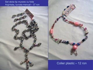 Colier plastic – 12 ron Set sticla tip murano cu foita  Argintata, lucrata manual – 37 ron 