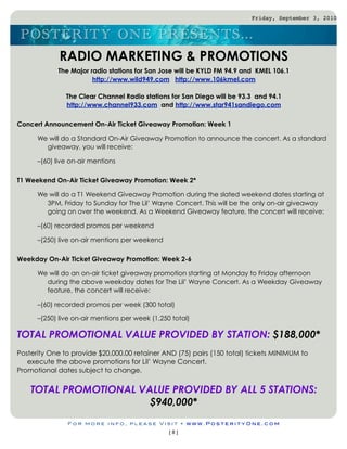 Friday, September 3, 2010


 P O S TERITY O N E P RES EN TS ...
             RADIO MARKETING & PROMOTIONS
            The Major radio stations for San Jose will be KYLD FM 94.9 and  KMEL 106.1
                       http://www.wild949.com   http://www.106kmel.com 
                                                   
              The Clear Channel Radio stations for San Diego will be 93.3  and 94.1
              http://www.channel933.com  and http://www.star941sandiego.com

Concert Announcement On-Air Ticket Giveaway Promotion: Week 1

      We will do a Standard On-Air Giveaway Promotion to announce the concert. As a standard
        giveaway, you will receive:

      –(60) live on-air mentions

T1 Weekend On-Air Ticket Giveaway Promotion: Week 2*

      We will do a T1 Weekend Giveaway Promotion during the slated weekend dates starting at
        3PM, Friday to Sunday for The Lil’ Wayne Concert. This will be the only on-air giveaway
        going on over the weekend. As a Weekend Giveaway feature, the concert will receive:

      –(60) recorded promos per weekend

      –(250) live on-air mentions per weekend

Weekday On-Air Ticket Giveaway Promotion: Week 2-6

      We will do an on-air ticket giveaway promotion starting at Monday to Friday afternoon
        during the above weekday dates for The Lil’ Wayne Concert. As a Weekday Giveaway
        feature, the concert will receive:

      –(60) recorded promos per week (300 total)

      –(250) live on-air mentions per week (1,250 total)

TOTAL PROMOTIONAL VALUE PROVIDED BY STATION: $188,000*
Posterity One to provide $20,000.00 retainer AND (75) pairs (150 total) tickets MINIMUM to
   execute the above promotions for Lil’ Wayne Concert.
Promotional dates subject to change.


    TOTAL PROMOTIONAL VALUE PROVIDED BY ALL 5 STATIONS:
                        $940,000*
                For more info, please Visit • www.PosterityOne.com
                                                 [8]
 