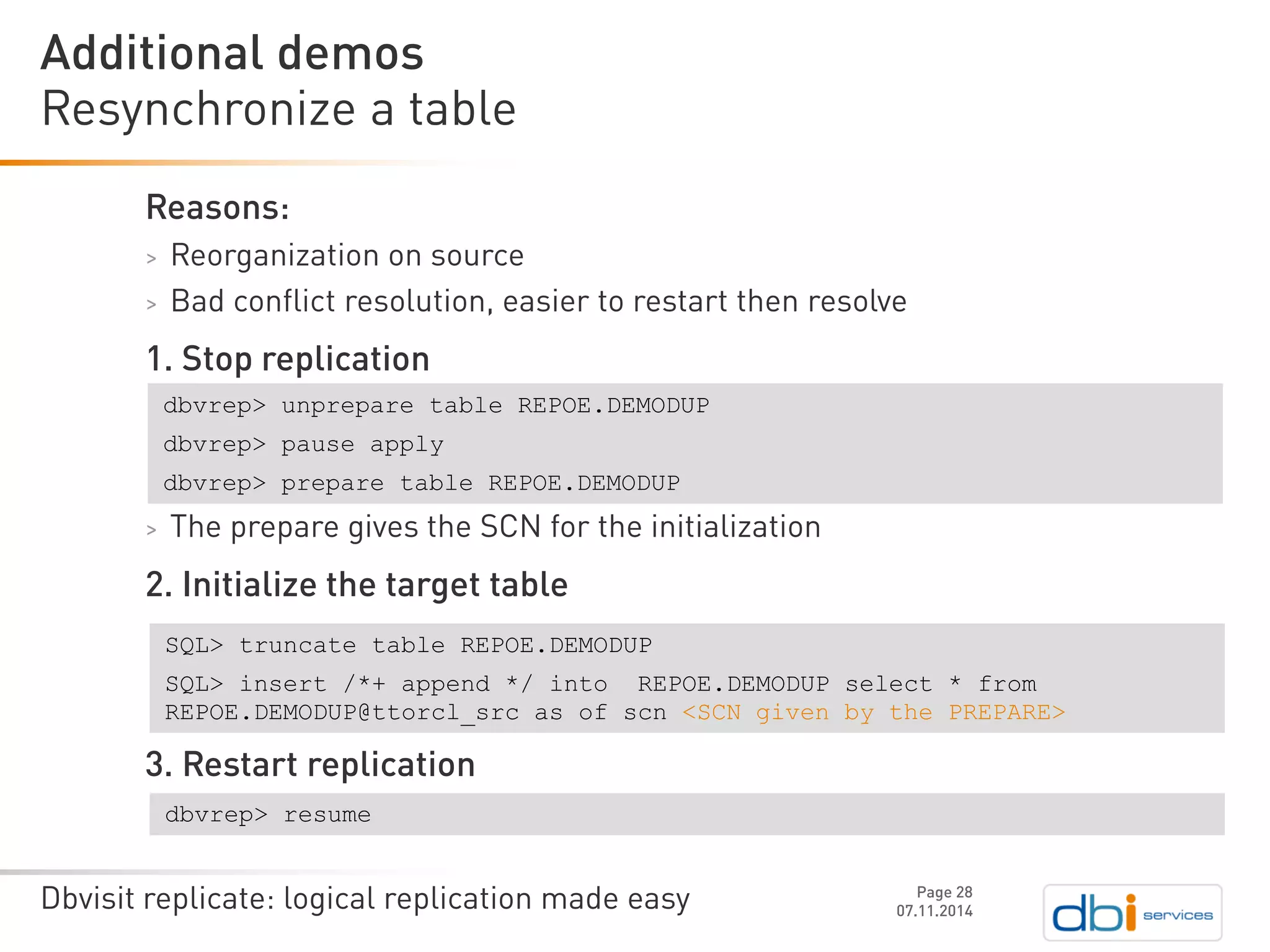 Dbvisit replicate: logical replication made easy 
Reasons: 
>Reorganization on source 
>Bad conflict resolution, easier to restart then resolve 
1. Stop replication 
>The prepare gives the SCN for the initialization 
2. Initialize the target table 
3. Restart replication 
Resynchronize a table 
07.11.2014 
Additional demos 
Page 28 
dbvrep> unpreparetable REPOE.DEMODUP 
dbvrep> pause apply 
dbvrep> prepare table REPOE.DEMODUP 
SQL> truncate table REPOE.DEMODUP 
SQL> insert /*+ append */ into REPOE.DEMODUP select * from REPOE.DEMODUP@ttorcl_srcas of scn<SCN given by the PREPARE> 
dbvrep> resume  