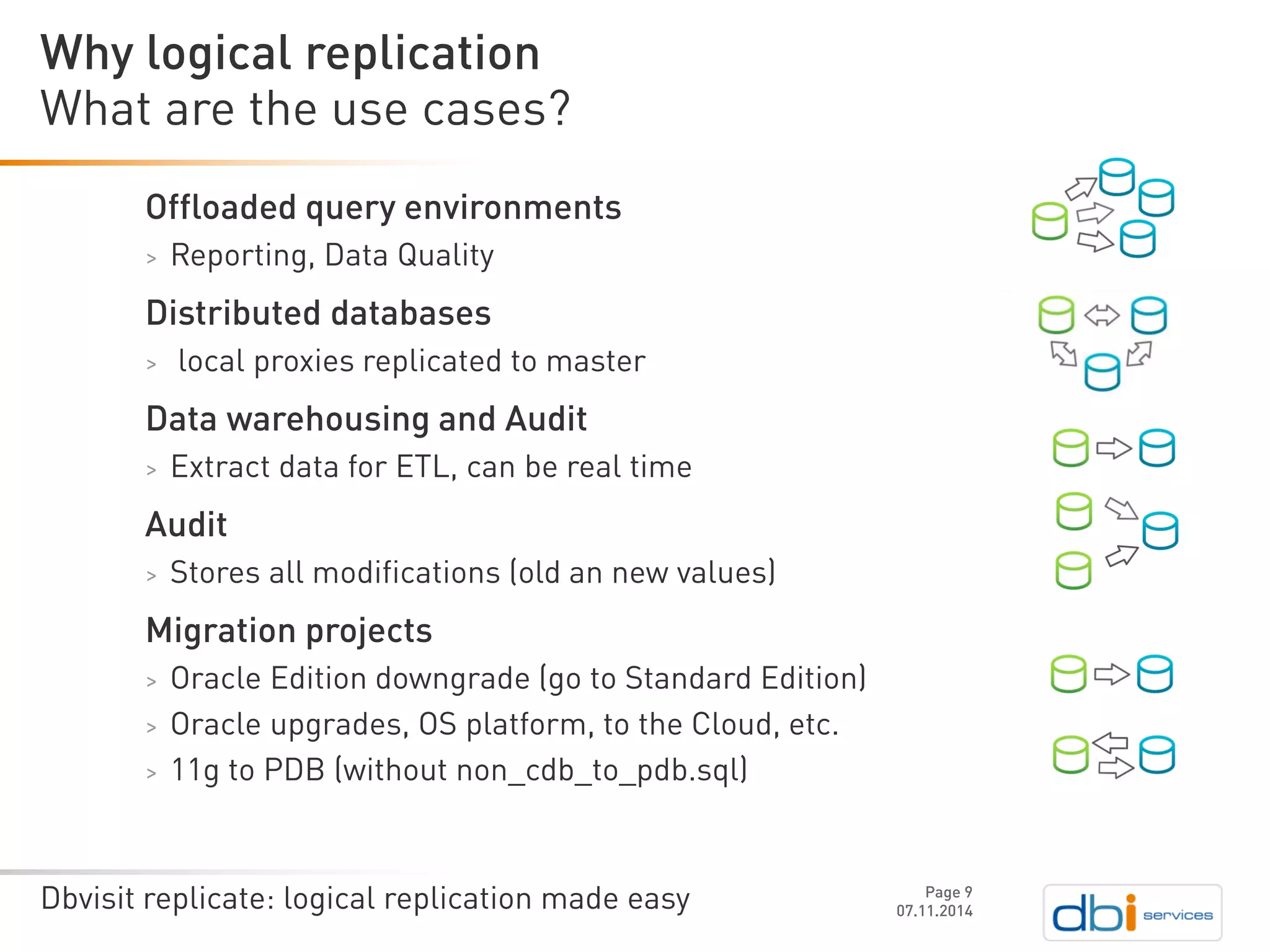 Dbvisit replicate: logical replication made easy 
Offloaded query environments 
>Reporting, Data Quality 
Distributed databases 
>local proxies replicated to master 
Data warehousing and Audit 
>Extract data for ETL, can be real time 
Audit 
>Stores all modifications (old an new values) 
Migration projects 
>Oracle Edition downgrade (go to Standard Edition) 
>Oracle upgrades, OS platform, to the Cloud, etc. 
>11g to PDB (without non_cdb_to_pdb.sql) 
What are the use cases? 
07.11.2014 
Why logical replication 
Page 9 
 