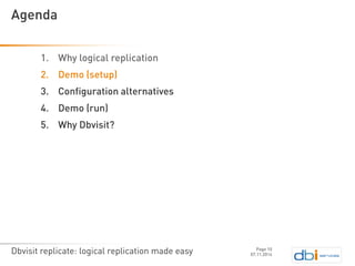 Dbvisit replicate: logical replication made easy 
1.Why logical replication 
2.Demo (setup) 
3.Configuration alternatives 
4.Demo (run) 
5.Why Dbvisit? 
07.11.2014 
Agenda 
Page 10 
 