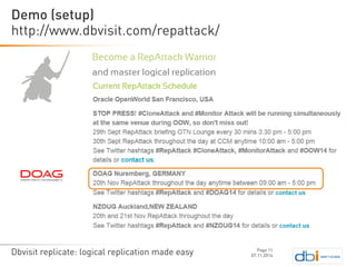 Dbvisit replicate: logical replication made easy 
http://www.dbvisit.com/repattack/ 
07.11.2014 
Demo (setup) 
Page 11 
 