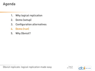 Dbvisit replicate: logical replication made easy 
1.Why logical replication 
2.Demo (setup) 
3.Configuration alternatives 
4.Demo (run) 
5.Why Dbvisit? 
07.11.2014 
Agenda 
Page 24 
 