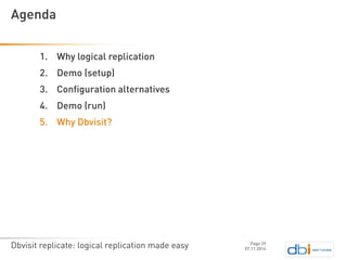 Dbvisit replicate: logical replication made easy 
1.Why logical replication 
2.Demo (setup) 
3.Configuration alternatives 
4.Demo (run) 
5.Why Dbvisit? 
07.11.2014 
Agenda 
Page 29 
 