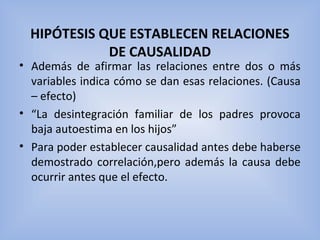 HIPÓTESIS QUE ESTABLECEN RELACIONES
DE CAUSALIDAD
• Además de afirmar las relaciones entre dos o más
variables indica cómo se dan esas relaciones. (Causa
– efecto)
• “La desintegración familiar de los padres provoca
baja autoestima en los hijos”
• Para poder establecer causalidad antes debe haberse
demostrado correlación,pero además la causa debe
ocurrir antes que el efecto.
 