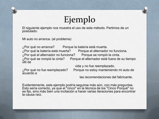 Ejemplo
El siguiente ejemplo nos muestra el uso de este método. Partimos de un
postulado:
Mi auto no arranca. (el problema)
¿Por qué no arranca? Porque la batería está muerta.
¿Por qué la batería está muerta? Porque el alternador no funciona.
¿Por qué el alternador no funciona? Porque se rompió la cinta.
¿Por qué se rompió la cinta? Porque el alternador está fuera de su tiempo
útil de
vida y no fue reemplazado.
¿Por qué no fue reemplazado? Porque no estoy manteniendo mi auto de
acuerdo a
las recomendaciones del fabricante.
Evidentemente, este ejemplo podría seguirse más aún, con más preguntas.
Esto sería correcto, ya que el "cinco" en la técnica de los "Cinco Porqué" no
es fijo, sino más bien una incitación a hacer varias iteraciones para encontrar
la causa raíz.
 