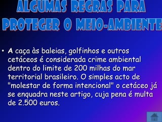 • A caça às baleias, golfinhos e outros
  cetáceos é considerada crime ambiental
  dentro do limite de 200 milhas do mar
  territorial brasileiro. O simples acto de
  "molestar de forma intencional" o cetáceo já
  se enquadra neste artigo, cuja pena é multa
  de 2.500 euros.
 