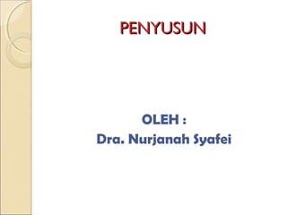 PENYUSUN




      OLEH :
Dra. Nurjanah Syafei
 