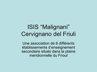 ISIS “Malignani” Cervignano del Friuli Une association de 6 différents  établissements d’enseignement secondaire situés dans la plaine meridionnelle du Frioul 