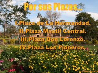 I.Plaza de La Hermandad.
  II.Plaza Mástil Central.
   III.Plaza Don Lorenzo.
  IV.Plaza Los Pioneros.



                       Plaza de la He
 