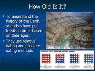 How Old Is It? To understand the history of the Earth, scientists have put fossils in order based on their ages. They use relative dating and absolute dating methods  