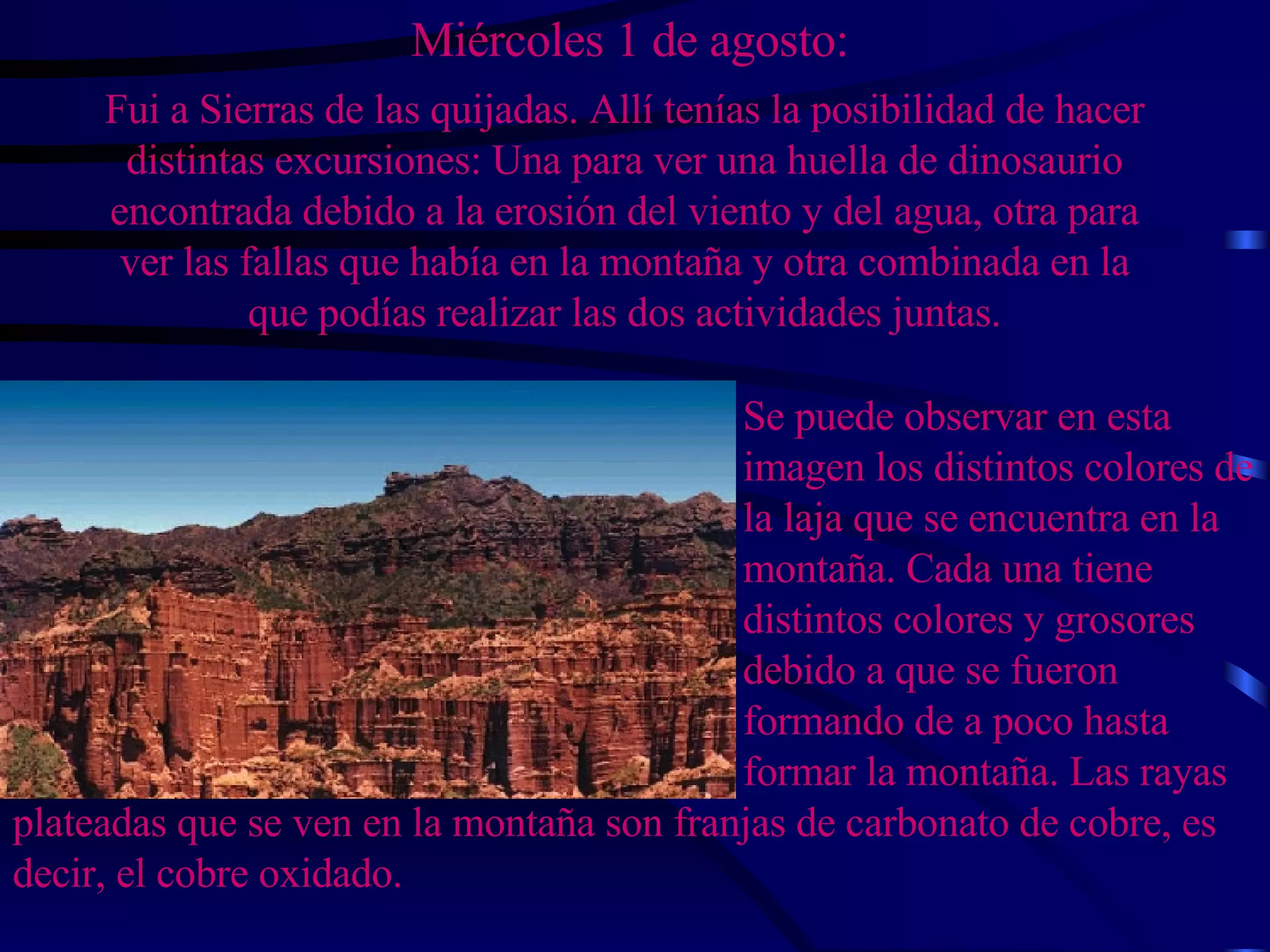 Miércoles 1 de agosto: Fui a Sierras de las quijadas. Allí tenías la posibilidad de hacer distintas excursiones: Una para ver una huella de dinosaurio encontrada debido a la erosión del viento y del agua, otra para ver las fallas que había en la montaña y otra combinada en la que podías realizar las dos actividades juntas. Se puede observar en esta imagen los distintos colores de la laja que se encuentra en la montaña. Cada una tiene distintos colores y grosores debido a que se fueron formando de a poco hasta formar la montaña. Las rayas plateadas que se ven en la montaña son franjas de carbonato de cobre, es decir, el cobre oxidado. 
