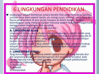 6.LINGKUNGAN PENDIDIKAN.
 Lingkungan adalah kombinasi antara kondisi fisik yang mencakup keadaan
sumber daya alam seperti tanah, air, energi surya, mineral, serta flora dan
fauna yang tumbuh di atas tanah maupun di dalam lautan, dengan
kelembagaan yang meliputi ciptaan manusia seperti keputusan bagaimana
menggunakan lingkungan fisik tersebut.
Lingkungan dalam pendidikan ada dua hal :
a. Lingkungan Alam
Lingkungan hidup, sering disebut sebagai lingkungan, adalah istilah yang
dapat mencakup segala makhluk hidup dan tak hidup di alam yang ada di
Bumi atau bagian dari Bumi, yang berfungsi secara alami tanpa campur
tangan manusia yang berlebihan.
Lawan dari lingkungan hidup adalah lingkungan buatan, yang mencakup
wilayah dan komponen-komponennya yang banyak dipengaruhi oleh
manusia.
b. Lingkungan Sosial
Yang temsuk lingkungan sosial adalah semua manusia yang berada diur
diri seseorang yang dpat mempengaruhi diri seseorang tersebut, baik
secara lngsung maupun tidak lngsung. Menurut tempat pelaksanaaan
pendidikan,lingkungan dibedakn atas :
1) Keluarga
2) Sekolah
3) Masyarakat
 