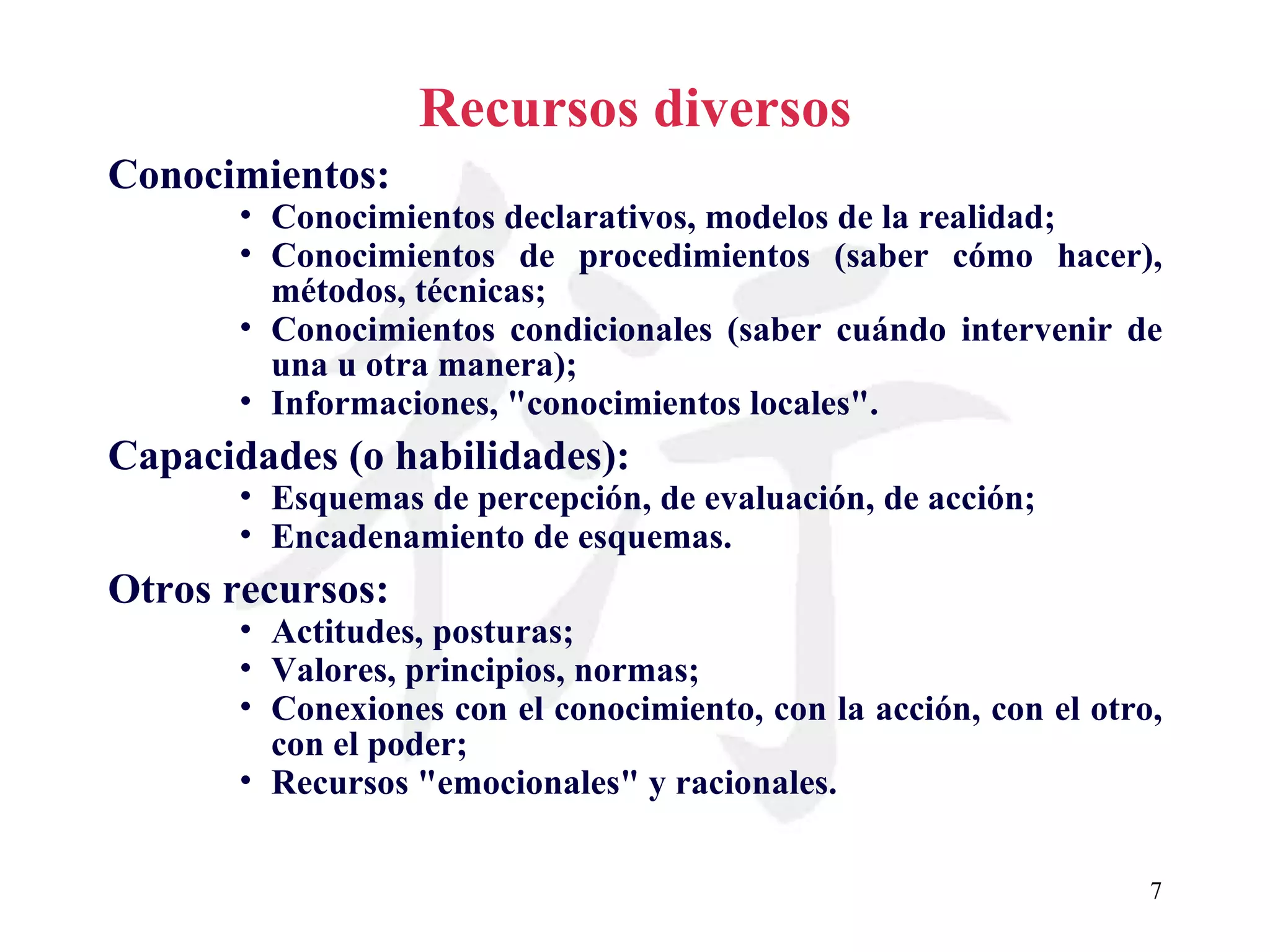 Recursos diversos Conocimientos: Conocimientos declarativos, modelos de la realidad; Conocimientos de procedimientos (saber cómo hacer), métodos, técnicas; Conocimientos condicionales (saber cuándo intervenir de una u otra manera); Informaciones, &quot;conocimientos locales&quot;. Capacidades (o habilidades): Esquemas de percepción, de evaluación, de acción; Encadenamiento de esquemas. Otros recursos: Actitudes, posturas; Valores, principios, normas; Conexiones con el conocimiento, con la acción, con el otro, con el poder; Recursos &quot;emocionales&quot; y racionales. 
