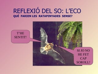 REFLEXIÓ DEL SO: L’ECO
QUÉ FARIEN LES RATAPINYADES SENSE?




 T’HE
SENTIT!



                                     SI JO NO
                                      HE FET
                                       CAP
                                     SOROLL!
 