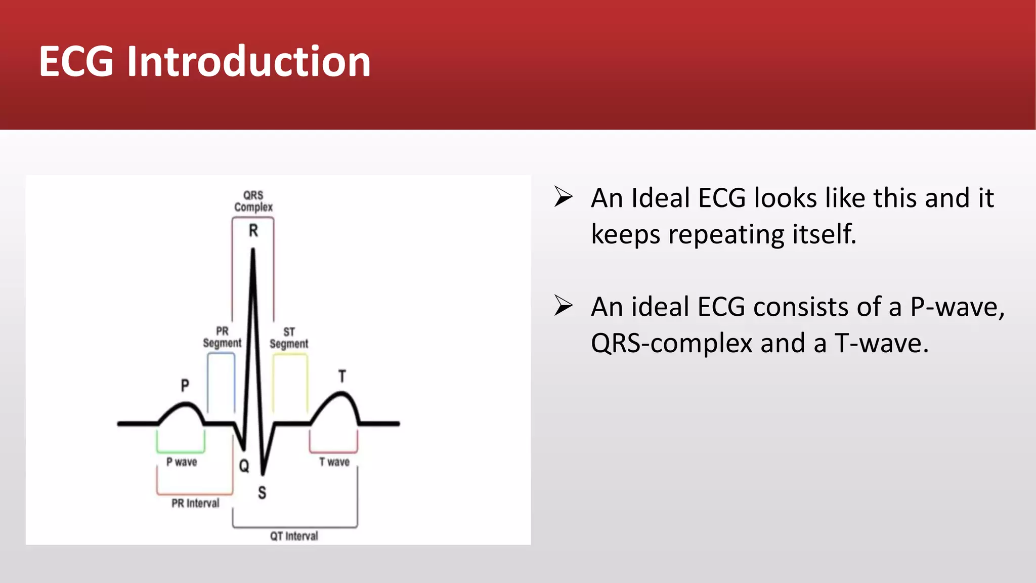 ECG Introduction
 An Ideal ECG looks like this and it
keeps repeating itself.
 An ideal ECG consists of a P-wave,
QRS-complex and a T-wave.
 