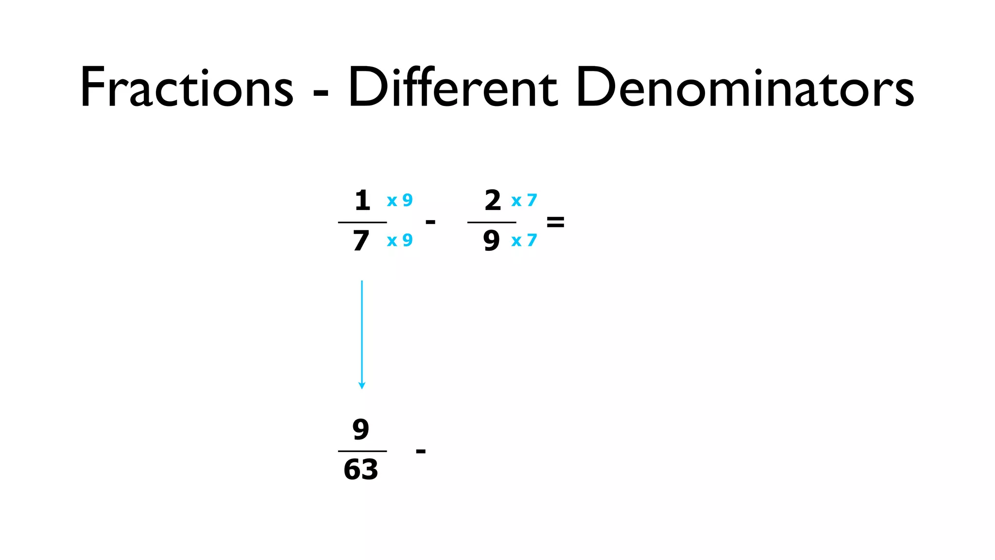 Fractions - Different Denominators
           1   x9       2   x7
                    -            =
           7   x9       9   x7




           9
                    -
          63
 