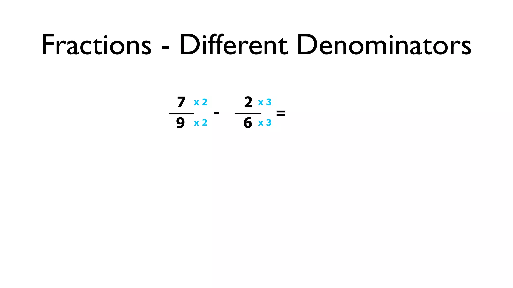 Fractions - Different Denominators
          7   x2       2   x3
                   -            =
          9   x2       6   x3
 
