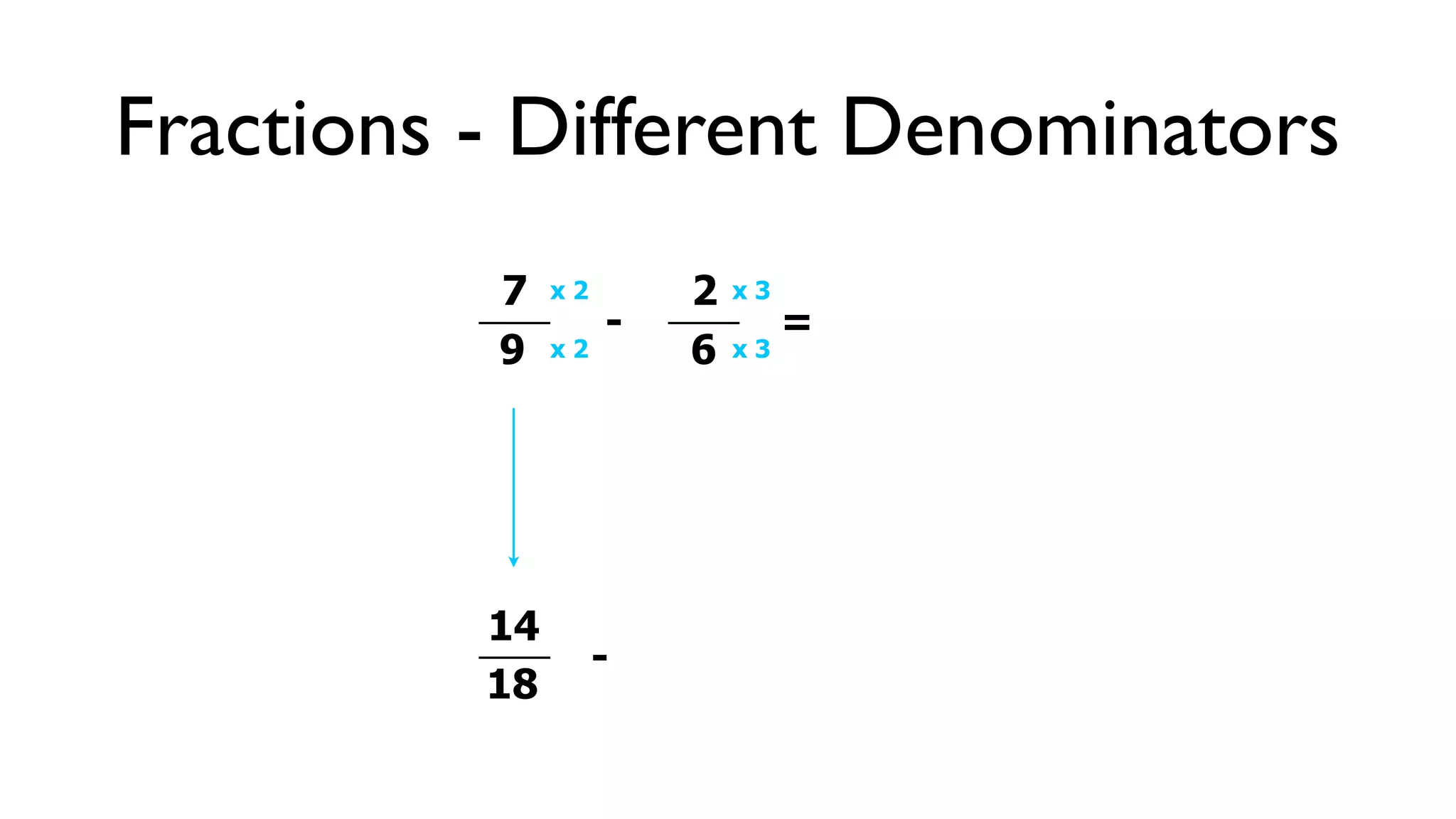 Fractions - Different Denominators
          7    x2       2   x3
                    -            =
          9    x2       6   x3




          14
                    -
          18
 