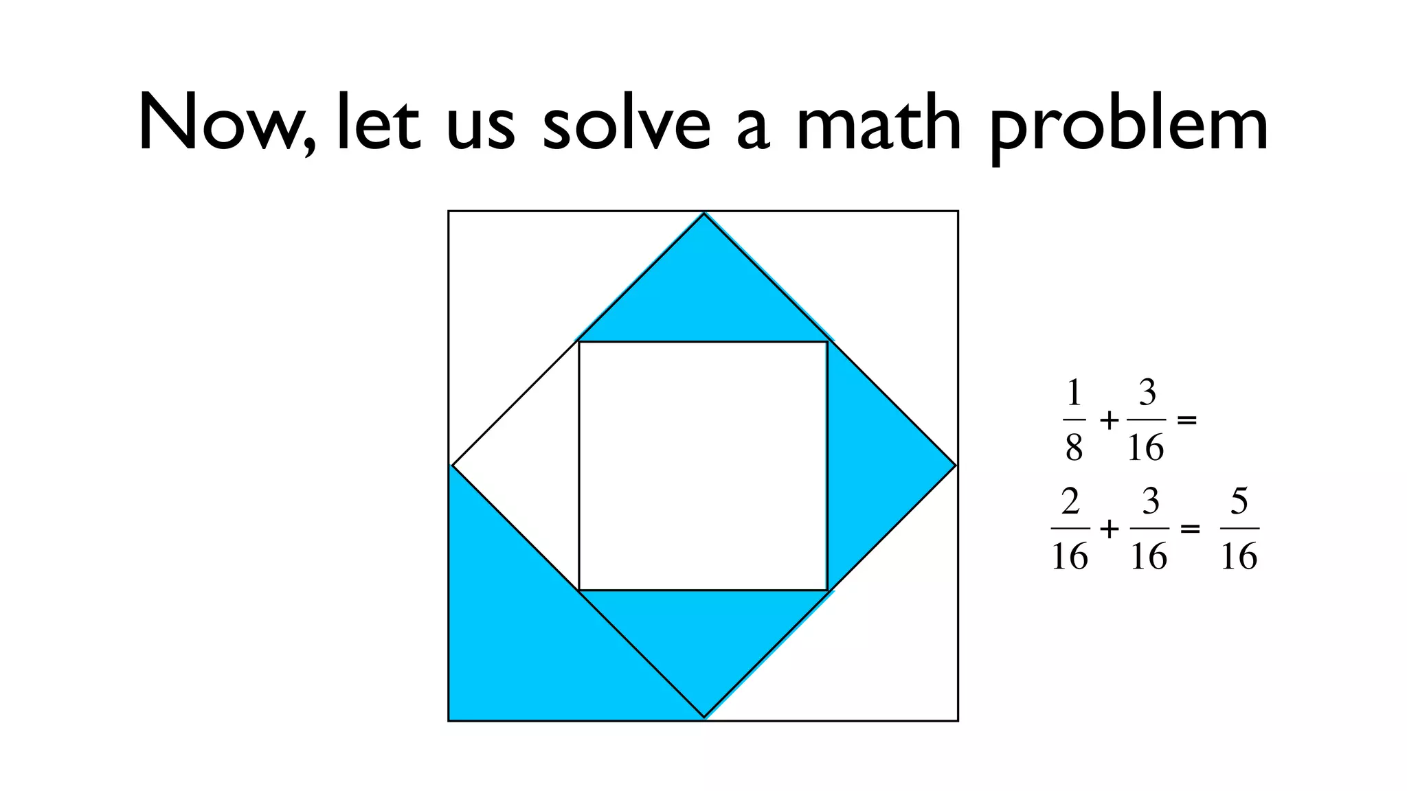 Now, let us solve a math problem


                           1 3
                             + =
                           8 16
                           2  3  5
                             + =
                          16 16 16
                     €€

                     €    €
 