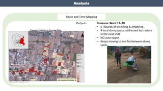 Route and Time Mapping
Outputs Prassana: Ward 19+20
• 5 Rounds of bin filling & emptying
• 4 local dump spots, addressed b...