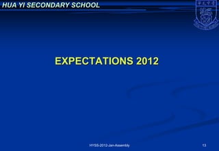 HUA YI SECONDARY SCHOOL




            EXPECTATIONS 2012




                    HYSS-2012-Jan-Assembly   13
 