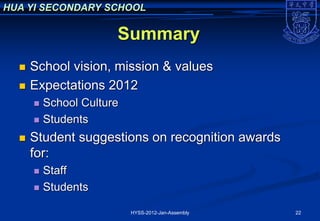 HUA YI SECONDARY SCHOOL

                     Summary
     School vision, mission & values
     Expectations 2012
       School Culture
       Students

     Student suggestions on recognition awards
      for:
       Staff
       Students

                         HYSS-2012-Jan-Assembly   22
 