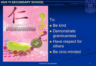 HUA YI SECONDARY SCHOOL




                                 To:
                                  Be kind

                                  Demonstrate
                                   graciousness
                                  Have respect for
                                   others
                                  Be civic-minded


                    HYSS-2012-Jan-Assembly            7
 
