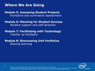 Where We Are Going Module 5: Assessing Student Projects  Formative and summative assessment Module 6: Planning for Student Success  Student support and self-direction Module 7: Facilitating with Technology  Teacher as facilitator Module 8: Showcasing Unit Portfolios  Sharing learning 