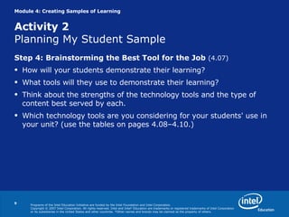 Module 4: Creating Samples of Learning   Activity 2 Planning My Student Sample Step 4: Brainstorming the Best Tool for the Job  (4.07) How will your students demonstrate their learning?  What tools will they use to demonstrate their learning?  Think about the strengths of the technology tools and the type of content best served by each. Which technology tools are you considering for your students' use in your unit? (use the tables on pages 4.08–4.10.) 