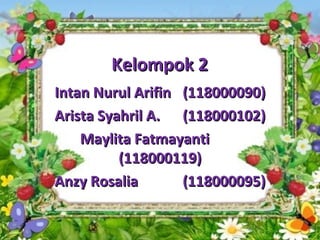 Kelompok 2
Intan Nurul Arifin (118000090)
Arista Syahril A. (118000102)
    Maylita Fatmayanti
          (118000119)
Anzy Rosalia       (118000095)
 