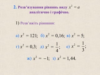 2
=x a
2
= 121;x 2
= 0,16;x 2
= 5;x
2
= 0,3;x 2 1
= ;
4
x
2 1
= ;
3
x
2
= 1;x − 2
= 1,44.x
2. Розв’язування рівнянь виду
аналітично і графічно.
б) в)
г) д) е)
ж) з)
1) Розв’яжіть рівняння:
а)
 
