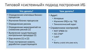 Типовой «системный» подход построения ИБ
• Определение ключевых бизнес-
процессов
• Изучение бизнес-процессов
• Определение рисков
• Определение мероприятий по
снижению рисков (1)
• Выявление существующих
контрольных процедур (2)
• Gap-анализ (1) и (2)
• План построения нового,
доработки существующего
Что делать?
• Аудит:
• Интервью
• Изучение ОРД и пр. *РД
• Технологический аудит
• Справочники контролей:
• NIST SP800-53
• ISO 2700*
• CobIT
• ….
• Взять у кого это уже есть
Чем делать?
 