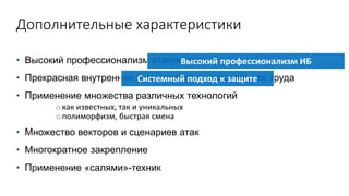Дополнительные характеристики
• Высокий профессионализм атакующих
• Прекрасная внутренняя организация и «разделение» труда
• Применение множества различных технологий
o как известных, так и уникальных
o полиморфизм, быстрая смена
• Множество векторов и сценариев атак
• Многократное закрепление
• Применение «салями»-техник
Высокий профессионализм ИБ
Системный подход к защите
 