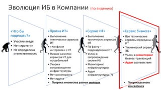 Эволюция ИБ в Компании (по видению)
«Что бы
поделать?»
• Участие везде
• Нет стратегии
• Не определена
ответственность
«Против ИТ»
• Выполнение
технических сервисов
ИТ
• «Конфликт
интересов» с ИТ
• Низкое качество
сервисов ИТ для
потребителей
• Уклон в
сопровождение
инфраструктуры
• Нет мониторинга
• Нет аудита
«Сервис ИТ»
• Выполнение
технических сервисов
ИТ
• Па факту –
подразделение ИТ
• Уклон в
сопровождение
систем ИБ
• Мониторинг
инфраструктуры
• Аудит
инфраструктуры (?)
«Сервис бизнеса»
• Все технические
сервисы переданы в
ИТ
• Технический сервис
ЭБ
• Уклон в мониторинг
бизнес-транзакций
• Аудит соответствия
• Покупка множества разных железок • Покупка разного
консалтинга
 