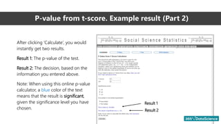P-value from t-score. Example result (Part 2)
Result 1
Result 2
After clicking ‘Calculate’, you would
instantly get two results.
Result 1: The p-value of the test.
Result 2: The decision, based on the
information you entered above.
Note: When using this online p-value
calculator, a blue color of the text
means that the result is significant,
given the significance level you have
chosen.
 