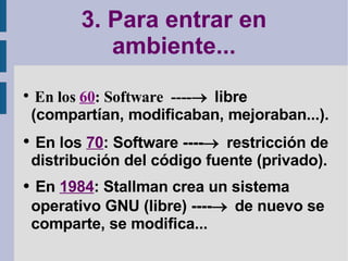 3. Para entrar en ambiente... En los  60 : Software  ----   libre (compartían, modificaban, mejoraban...). En los  70 : Software ----   restricción de distribución del código fuente (privado). En  1984 : Stallman crea un sistema operativo GNU (libre) ----   de nuevo se comparte, se modifica... 