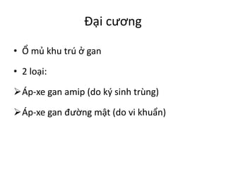 Đại cương
• Ổ mủ khu trú ở gan
• 2 loại:
Áp-xe gan amip (do ký sinh trùng)
Áp-xe gan đường mật (do vi khuẩn)
 