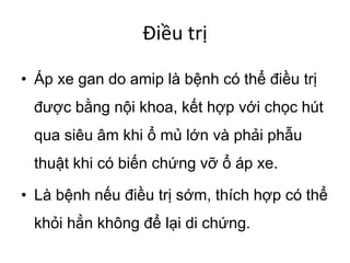 Điều trị
• Áp xe gan do amip là bệnh có thể điều trị
được bằng nội khoa, kết hợp với chọc hút
qua siêu âm khi ổ mủ lớn và phải phẫu
thuật khi có biến chứng vỡ ổ áp xe.
• Là bệnh nếu điều trị sớm, thích hợp có thể
khỏi hẳn không để lại di chứng.
 