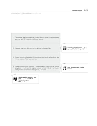 235Formación General
historia, geografía y ciencias sociales educación media
9.	 Comprender que los procesos de cambio histórico tienen ritmos distintos y
que en el siglo XX el cambio histórico se acelera.
10.	Evaluar críticamente distintas interpretaciones historiográficas. • Comprender y valorar la perseverancia, el rigor y el
cumplimiento, la flexibilidad y la originalidad
OFT
11.	 Recuperar testimonios para profundizar en la experiencia de los sujetos que
vivieron procesos históricos recientes.
12.	 Indagar sobre procesos históricos y sobre las transformaciones en el espacio
geográfico, a nivel nacional, regional y local, considerando la interrelación
entre procesos económicos, demográficos y espaciales.
• Interés por conocer la realidad y utilizar el
conocimiento
OFT
*
• Habilidades de análisis, interpretación y síntesis
En los OF 1, 2, 3, 4, 5, 6, 7, 8, 9 y 10
• Habilidades de investigación
En los OF 11 y 12
OFT
 