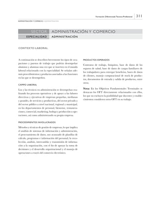 311
administración y comercio • administración
Formación Diferenciada Técnico-Profesional
SECTOR ADMINISTRACIÓN Y COMERCIO
ESPECIALIDAD Administración
CONTEXTO LABORAL
A continuación se describen brevemente los tipos de ocu-
paciones y puestos de trabajo que podrán desempeñar
alumnos y alumnas una vez que se inserten en el mundo
laboral relacionado con la especialidad. Se señalan ade-
más procedimientos y productos asociados a las funciones
en las que se desempeñen.
Campo Laboral
Los y las técnicos en administración se desempeñan rea-
lizando los procesos operativos y de apoyo a las labores
directivas y ejecutivas de empresas pequeñas, medianas
y grandes, de servicios y productivas, del sector privado y
del sector público a nivel nacional, regional y municipal,
en los departamentos de personal, bienestar, remunera-
ciones, comercial, marketing, bodega y producción u ope-
raciones, así como administrando su propia empresa.
Procedimientos Involucrados
Métodos y técnicas de gestión de empresas, lo que implica
el análisis de sistemas de información y administración,
el procesamiento de datos, uso avanzado de planillas de
cálculo, programas e información del personal; la reco-
lección, análisis, intercambio y transmisión de informa-
ción a la organización, con el fin de apoyar la toma de
decisiones y el desarrollo organizacional y el manejo de
operaciones a través del comercio electrónico.
Productos Esperados
Contratos de trabajo, finiquitos, base de datos de los
seguros de salud, base de datos de cargas familiares de
los trabajadores para entregar beneficios, bases de datos
de clientes, manejo computacional de stock de produc-
tos, documentos de entrada y salida de productos, entre
otros.
Nota: En los Objetivos Fundamentales Terminales se
destacan los OFT directamente relacionados con ellos,
los que no excluyen la posibilidad que docentes y estable-
cimientos consideren otros OFT en su trabajo.
 