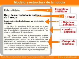 Modelo y estructura de la noticia Hallazgo   histórico : Descubren ciudad más antigua de Europa Un grupo de arqueólogos halló los restos de la que consideran la ciudad más antigua de Europa, de unos 7 mil años de antigüedad, y a los que creen son los vestigios de  "los primeros mini-Estados" de ese continente. Los restos tendrían 2 mil años más que las pirámides de Egipto. Epígrafe o antetítulo Titular Bajada o subtítulo Lead o Entradilla Cuerpo de la noticia  Luego de más de tres años de investigaciones, expertos alemanes desenterraron partes de más de 150 templos construidos con tierra y madera, cuya fecha data entre los años 4800 y 4600 AC, los que están esparcidos en una zona que se expande entre Alemania, Austria y Eslovaquia. Los edificios habrían sido construidos unos 2 mil años antes de las Pirámides de Egipto y del monumento de Stonehenge en Gran Bretaña, según dijo el diario inglés “The Independent”.  