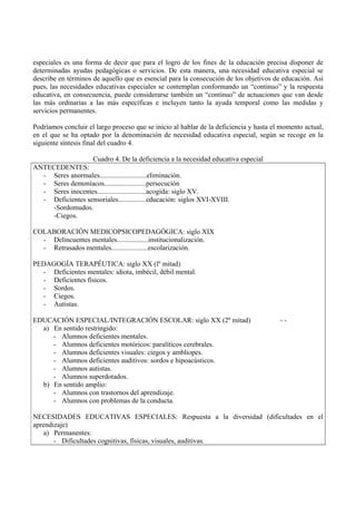 especiales es una forma de decir que para el logro de los fines de la educación precisa disponer de 
determinadas ayudas pedagógicas o servicios. De esta manera, una necesidad educativa especial se 
describe en términos de aquello que es esencial para la consecución de los objetivos de educación. Así 
pues, las necesidades educativas especiales se contemplan conformando un “continuo” y la respuesta 
educativa, en consecuencia, puede considerarse también un “continuo” de actuaciones que van desde 
las más ordinarias a las más específicas e incluyen tanto la ayuda temporal como las medidas y 
servicios permanentes. 
Podríamos concluir el largo proceso que se inicio al hablar de la deficiencia y hasta el momento actual, 
en el que se ha optado por la denominación de necesidad educativa especial, según se recoge en la 
siguiente síntesis final del cuadro 4. 
Cuadro 4. De la deficiencia a la necesidad educativa especial 
ANTECEDENTES: 
- Seres anormales...........................eliminación. 
- Seres demoníacos........................persecución 
- Seres inocentes............................acogida: siglo XV. 
- Deficientes sensoriales................educación: siglos XVI-XVIII. 
-Sordomudos. 
-Ciegos. 
COLABORACIÓN MEDICOPSICOPEDAGÓGICA: siglo XIX 
- Delincuentes mentales..................institucionalización. 
- Retrasados mentales.....................escolarización. 
PEDAGOGÍA TERAPÉUTICA: siglo XX (lº mitad) 
- Deficientes mentales: idiota, imbécil, débil mental. 
- Deficientes físicos. 
- Sordos. 
- Ciegos. 
- Autistas. 
EDUCACIÓN ESPECIAL/INTEGRACIÓN ESCOLAR: siglo XX (2º mitad) - - 
a) En sentido restringido: 
- Alumnos deficientes mentales. 
- Alumnos deficientes motóricos: paralíticos cerebrales. 
- Alumnos deficientes visuales: ciegos y ambliopes. 
- Alumnos deficientes auditivos: sordos e hipoacústicos. 
- Alumnos autistas. 
- Alumnos superdotados. 
b) En sentido amplio: 
- Alumnos con trastornos del aprendizaje. 
- Alumnos con problemas de la conducta. 
NECESIDADES EDUCATIVAS ESPECIALES: Respuesta a la diversidad (dificultades en el 
aprendizaje) 
a) Permanentes: 
- Dificultades cognitivas, físicas, visuales, auditivas. 
 