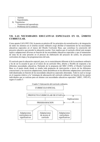 - Autistas 
- Superdotados. 
b) Transitorias: 
- Trastornos del aprendizaje. 
- Problemas de la conducta. 
VII. LAS NECESIDADES EDUCATIVAS ESPECIALES EN EL ÁMBITO 
CURRICULAR. 
Como apunta Coll (1992:156), la puesta en práctica dE los principios de normalización y de integración 
de todos los alumnos en el sistema escolar ordinario exige abordar el tratamiento de las necesidades 
educativas especiales en el marco del Diseño Curricular Base, que constituye la concreción del 
proyecto educativo que preside la educación escolar. Esto implica que el currículo oficial está siempre 
sujeto a adaptaciones diversas en función de las necesidades educativas especiales y que el tratamiento 
de éstas ha de estar presente en el proceso de elaboración del proyecto de centro, los proyectos 
curriculares de etapa y las programaciones del aula. 
El currículo para la educación especial, pues, no es esencialmente diferente al de la enseñanza ordinaria 
y ha de ser la escuela la que en el marco de un currículo libre, abierto y flexible de respuesta a las 
diferentes necesidades educativas. Partiendo de la propuesta del MEC (1989), el Diseño Curricular 
Base es el punto desde donde se irradia toda propuesta de intervención a través de las diferentes 
concreciones y las sucesivas adaptaciones, hasta desembocar en las diferentes adaptaciones curriculares 
individualizadas en función de las necesidades educativas especiales detectadas. Todo lo cual se recoge 
en el esquema relativo a la “estrategia de adecuación del currículo ordinario en función de los ajustes 
individuales que se realizan para un alumno con necesidades educativas especiales” (MEC, 1992:47), 
según el cuadro 5. 
Cuadro 5.Adecuación del currículo ordinario. 
CURRICULO OFICIAL 
PROYECTO CURRICULAR DE ETAPA 
PROGRAMACION 
Adaptaciones 
curriculares no 
significativas 
Adaptaciones 
de acceso al 
currículo 
Implicaciones 
Adaptaciones 
curriculares 
significativas 
 