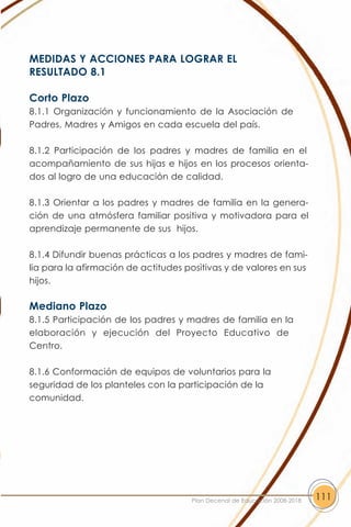 MEDIDAS Y ACCIONES PARA LOGRAR EL
RESULTADO 8.1

Corto Plazo
8.1.1 Organización y funcionamiento de la Asociación de
Padres, Madres y Amigos en cada escuela del país.

8.1.2 Participación de los padres y madres de familia en el
acompañamiento de sus hijas e hijos en los procesos orienta-
dos al logro de una educación de calidad.

8.1.3 Orientar a los padres y madres de familia en la genera-
ción de una atmósfera familiar positiva y motivadora para el
aprendizaje permanente de sus hijos.

8.1.4 Difundir buenas prácticas a los padres y madres de fami-
lia para la afirmación de actitudes positivas y de valores en sus
hijos.

Mediano Plazo
8.1.5 Participación de los padres y madres de familia en la
elaboración y ejecución del Proyecto Educativo de
Centro.

8.1.6 Conformación de equipos de voluntarios para la
seguridad de los planteles con la participación de la
comunidad.




                                     Plan Decenal de Educación 2008-2018   111
 