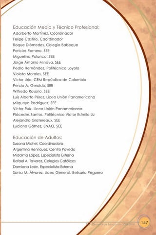 Educación Media y Técnico Profesional:
Adarberto Martínez, Coordinador
Felipe Castillo, Coordinador
Roque Diómedes, Colegio Babeque
Pericles Romero, SEE
Miguelina Polanco, SEE
Jorge Antonio Minaya, SEE
Pedro Hernández, Politécnico Loyola
Violeta Morales, SEE
Víctor Liria, CEM República de Colombia
Percio A. Geraldo, SEE
Wilfredo Rosario, SEE
Luis Alberto Pérez, Liceo Unión Panamericana
Milqueya Rodríguez, SEE
Víctor Ruiz, Liceo Unión Panamericana
Plácedes Santos, Politécnico Víctor Estrella Liz
Alejandra Gratereaux, SEE
Luciano Gómez, ENAO, SEE


Educación de Adultos:
Susana Michel, Coordinadora
Argentina Henríquez, Centro Poveda
Midalma López, Especialista Externa
Rafael A. Tavarez, Colegios Católicos
Damiana León, Especialista Externa
Sonia M. Álvarez, Liceo General. Belisario Peguero




                                          Plan Decenal de Educación 2008-2018   147
 