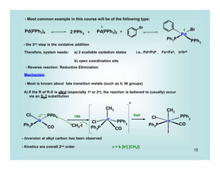 15
Br
Ph3P PPh3
Cl
Ph3P
Ir
Cl
3
Ph P
PPh
CO
3
CH3
Ir
Cl
Ph3P
PPh
CO
3
CH3
I
- Most common example in this course will be of the following type:
Pd(PPh3)4 2 PPh3 +
0
Pd(PPh3)2 +
II Br
Pd
i.e., Pdo/PdII , Feo/FeII, IrI/IrIII
.. PPh3
Ir
CO
rds
CH3-I
- Most is known about late transition metals (such as Ir, Ni groups)
A) If the R of R-X is alkyl (especially 1o or 2o), the reaction is believed to (usually) occur
via an SN2 substitution
+
fast
- Inversion at alkyl carbon has been observed
- Kinetics are overall 2nd order v = k [IrI] [CH3I]
- the 2nd step is the oxidative addition
Therefore, system needs: a) 2 available oxidation states
b) open coordination site
- Reverse reaction: Reductive Elimination
Mechanism
 